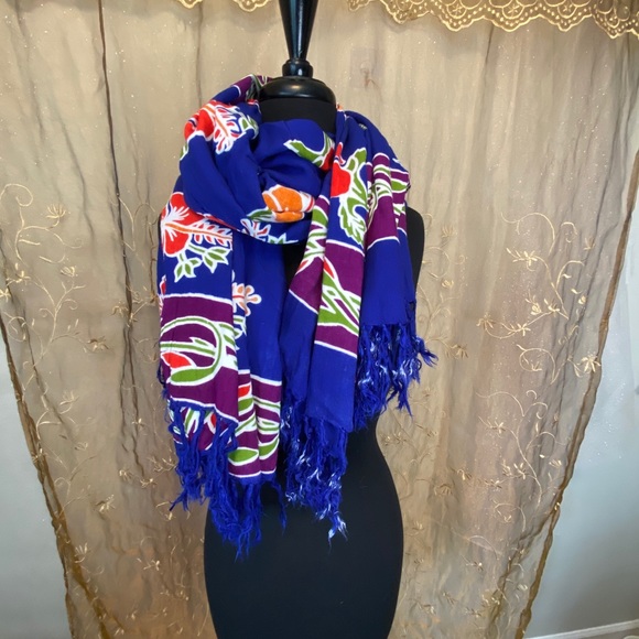 Imported Blue Long Hawaiian Floral Scarf - Picture 2 of 5